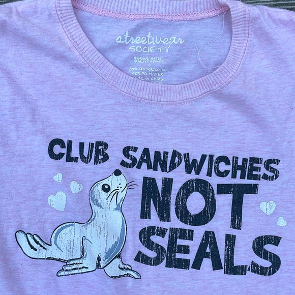 Streetwear Society Animal Rights Vegan Vegetarian Club Sandwiches not Seals Tee - Picture 3 of 6